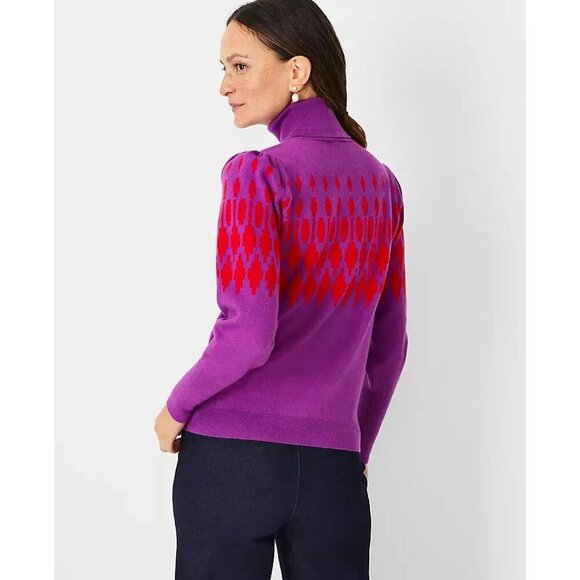 Ann Taylor Fair Isle Turtleneck Sweater Womens Large Purple Red Balloon Sleeve - Picture 2 of 13
